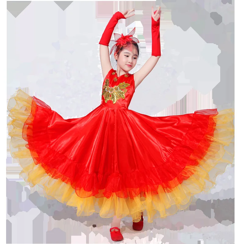 Детское фламенко платье для девочек испанский бой быков танцевальное бальное платье большой качели художественный костюм сценическая одежда M98