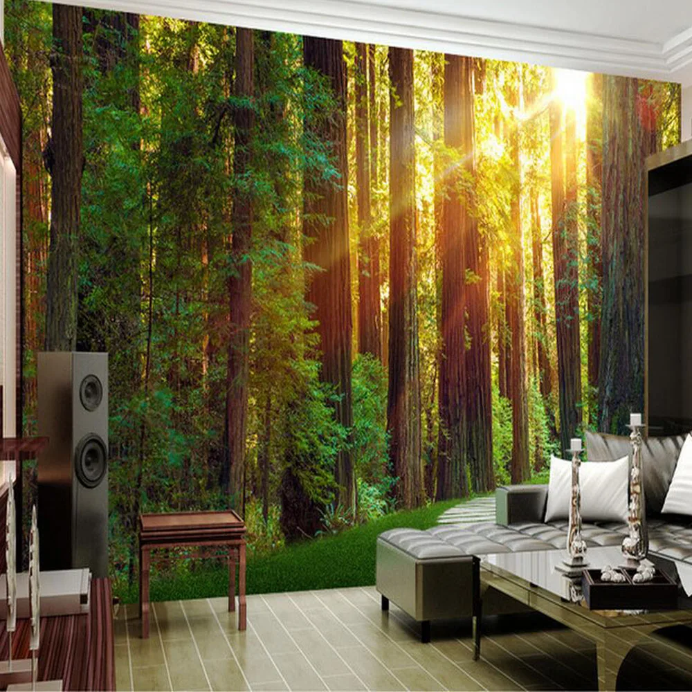 3D Dinding Mural Foto Wallpaper Alam Hijau Pohon Untuk Ruang Tamu TV