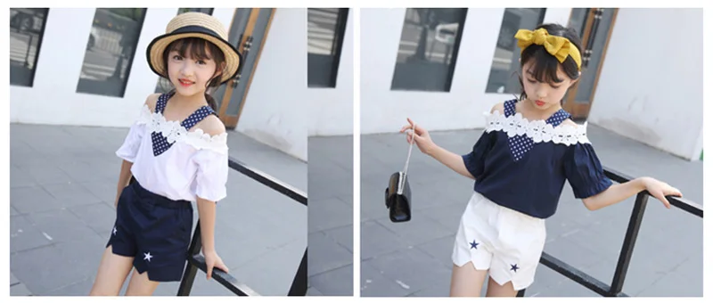 summer girls clothing sets children off-the-shoulder lace shorts pant two-piece girls clothing suit (1)