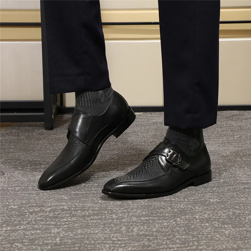Felix CHU/Мужские модельные туфли черного и коричневого цвета; лоферы; стильные мужские туфли из натуральной кожи на ремешке с пряжкой и открытым носком с крокодиловым принтом