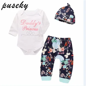 

Puseky 0-24M Cute Newborn Baby Girl Daddy Princess Long Sleeve Cotton Romper Tops+Floral Pant Caps 3PCS Outfits Baby Clothes Set