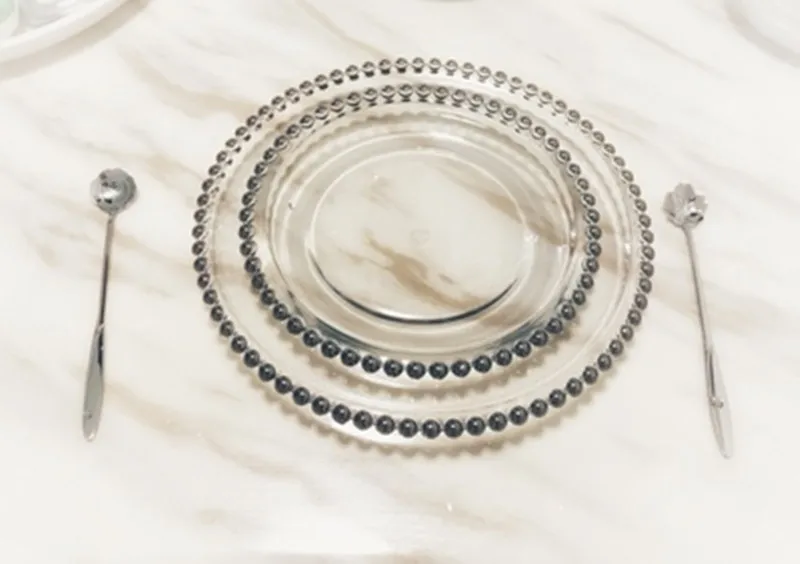 Gold Rim glass pearl tray transparent glass beads plate fruit cake Western dish plate golden edge plate (3)