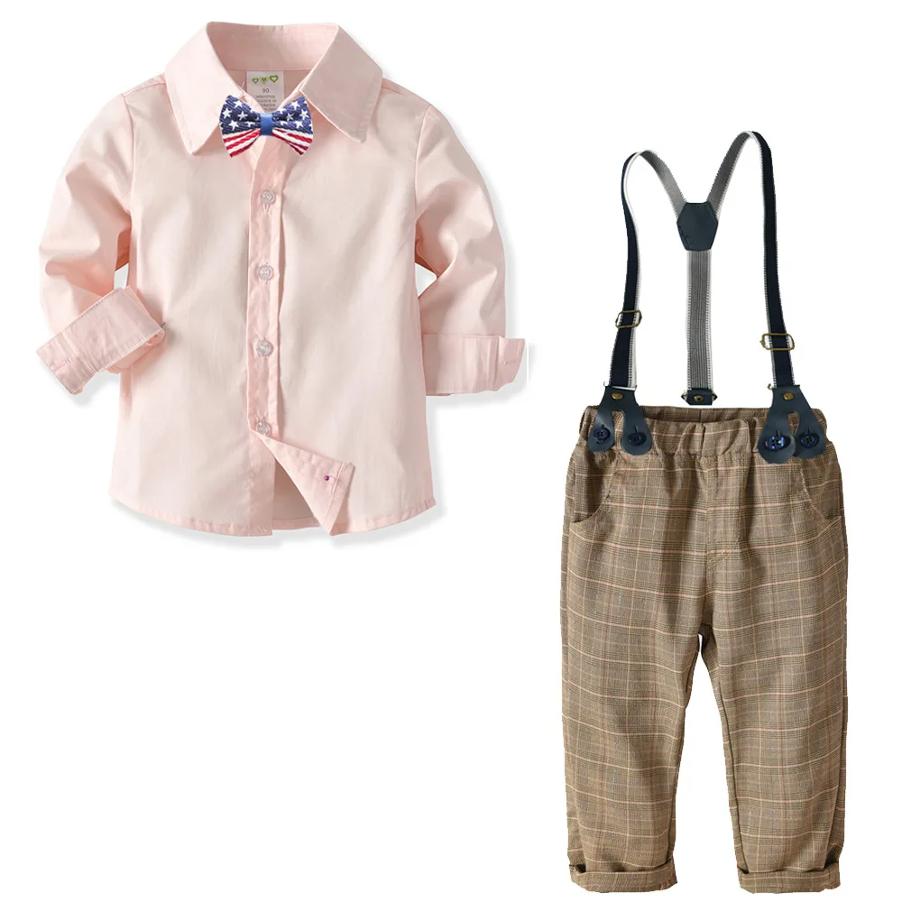 

Cute Kids Boys Gentleman Outfits Suits Pink Bow Shirts and Overall Pants 2pcs Sets Spring Autumn Fashion Children Party Clothes