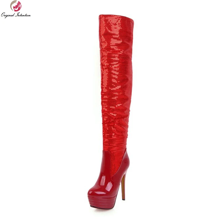 

Original Intention Fashion Women Over-the-Knee Boots Round Toe Thin Heels Boots Black Red Silver Shoes Woman Plus US Size 3-10.5