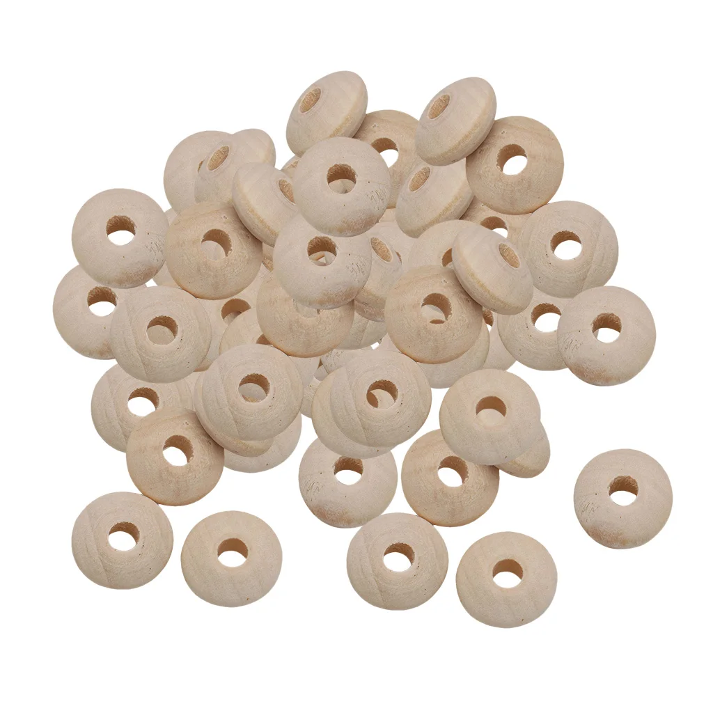 50pcs DIY Natural Wooden Flat Round Beads Loose Spacer Wood Bead Charms