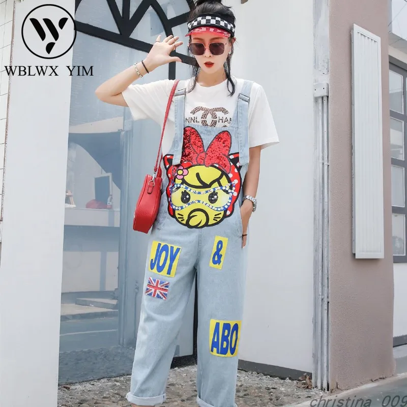 Korean loose Denim Jumpsuits women Fashion cartoon print jeans Jumpsuit Summer Rompers female Streetwear casual overalls