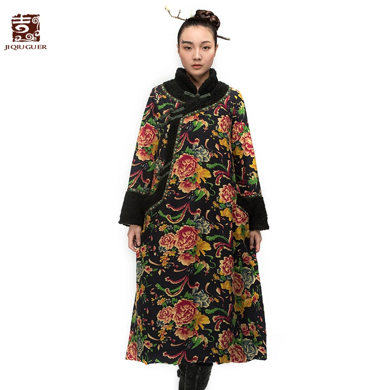 Jiqiuguer Winter Floral Jackets Women's Plus Size Cotton-padded Jacket Ethnic Style Winter Wadded Jacket G154Y018