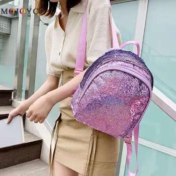 

Solid Color Sequins Backpack Women Small Shoulder School Knapsack Fashion Sequins PＵ Leather Patchwork Backpack Female