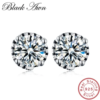 

[BLACK AWN] Sterling Silver 925 Jewelry Wedding Stud Earrings for Women Female Black Spinel Earrings T184