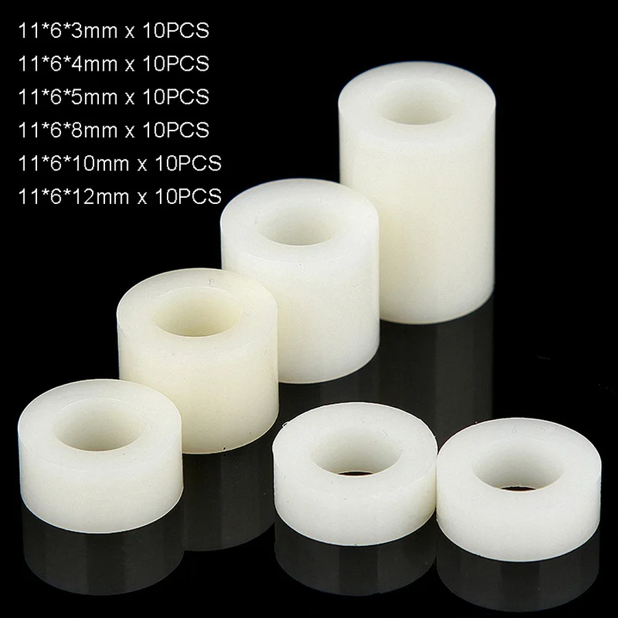 

60Pcs M6 White Nylon Non-Threaded Spacer ABS Round Hollow Standoff Round Washer OD11mm PCB Board Screw Bolt Kit Length 3-12mm