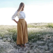Весна Лето Хлопок и лен Юбка эластичная талия длинная тонкая Повседневная Женская юбка цвета хаки
