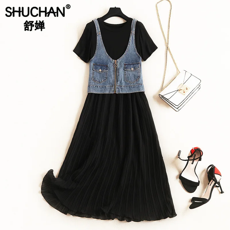 

Shuchan 2019 Designer 2 Pieces Set Denim Vest+dress Summer Suit Female Fashionable Suits for Women Clothes for Women Costume