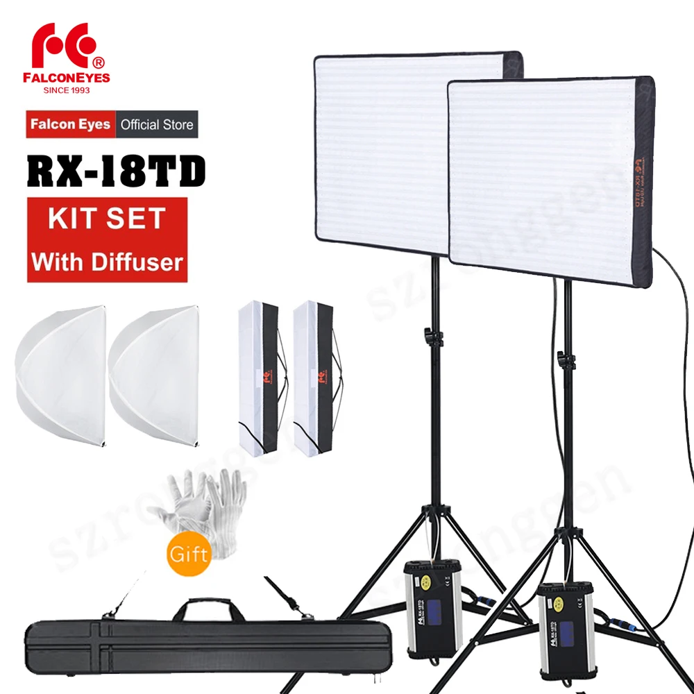 

Falcon Eyes 2pcs RX-18TD 100W Dimmable LED Video Light 504pcs Flexible Rollable Cloth Lamp with Diffuser + Outdoor Carry Bag Kit