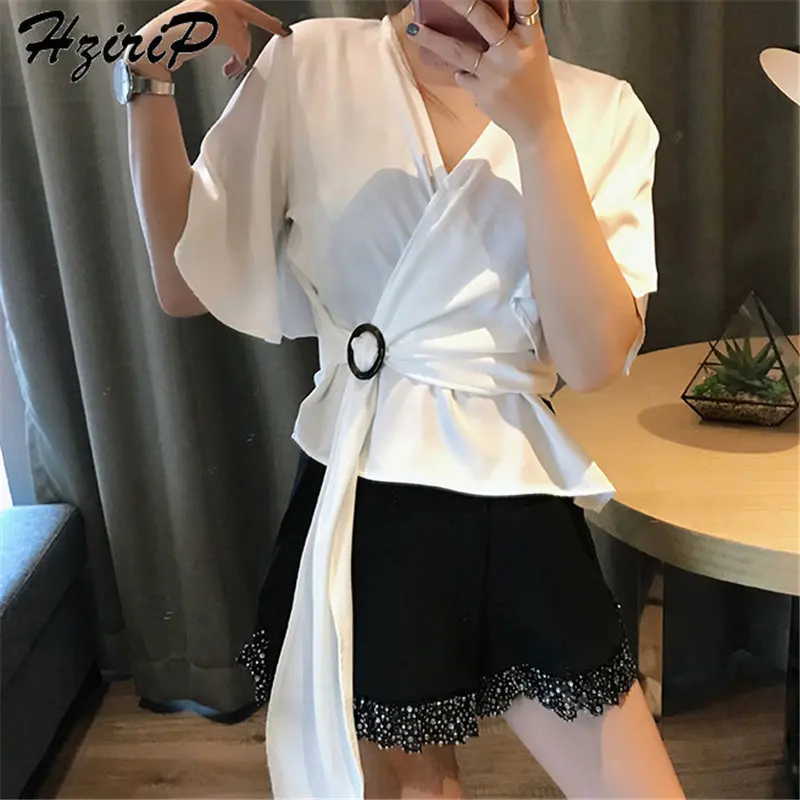 Hzirip Chic Female Sweet Summer Fresh Sashes Irregular High Quality Fashion Loose Short Flare Sleeve Casual Solid Chiffon Shirts | Женская