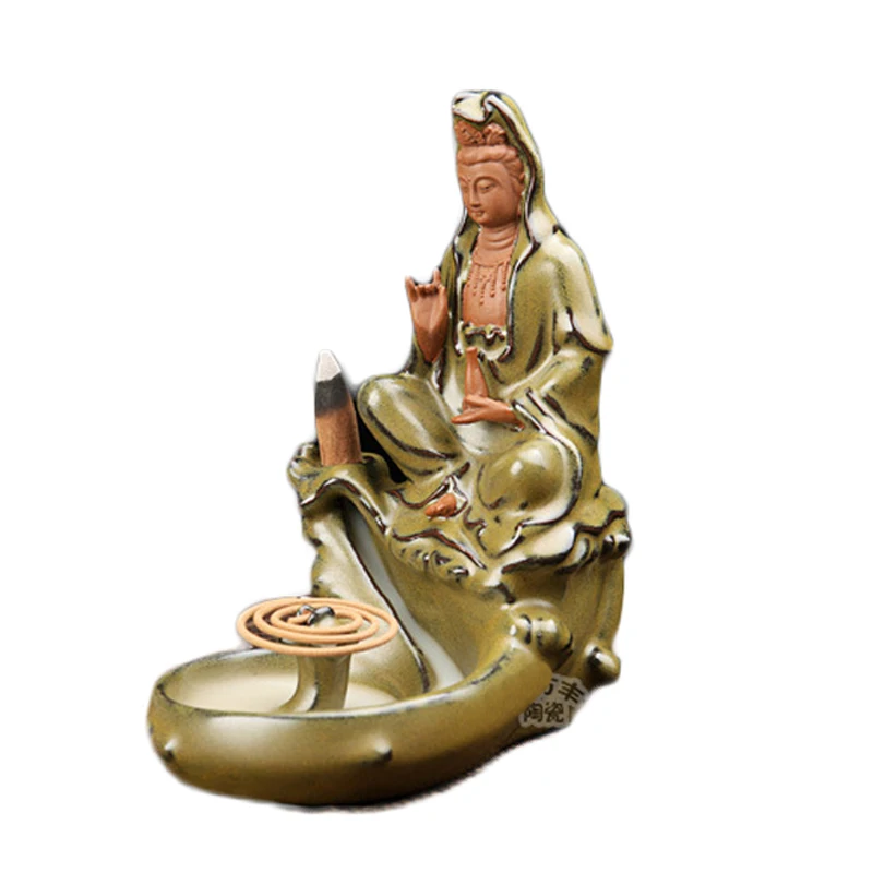 

T Guanyin Lotus Burners Home Office Decor Creative Ceramic Cone Coil Censer Aromatic Backflow Incense Holder Tea Pet Ornaments