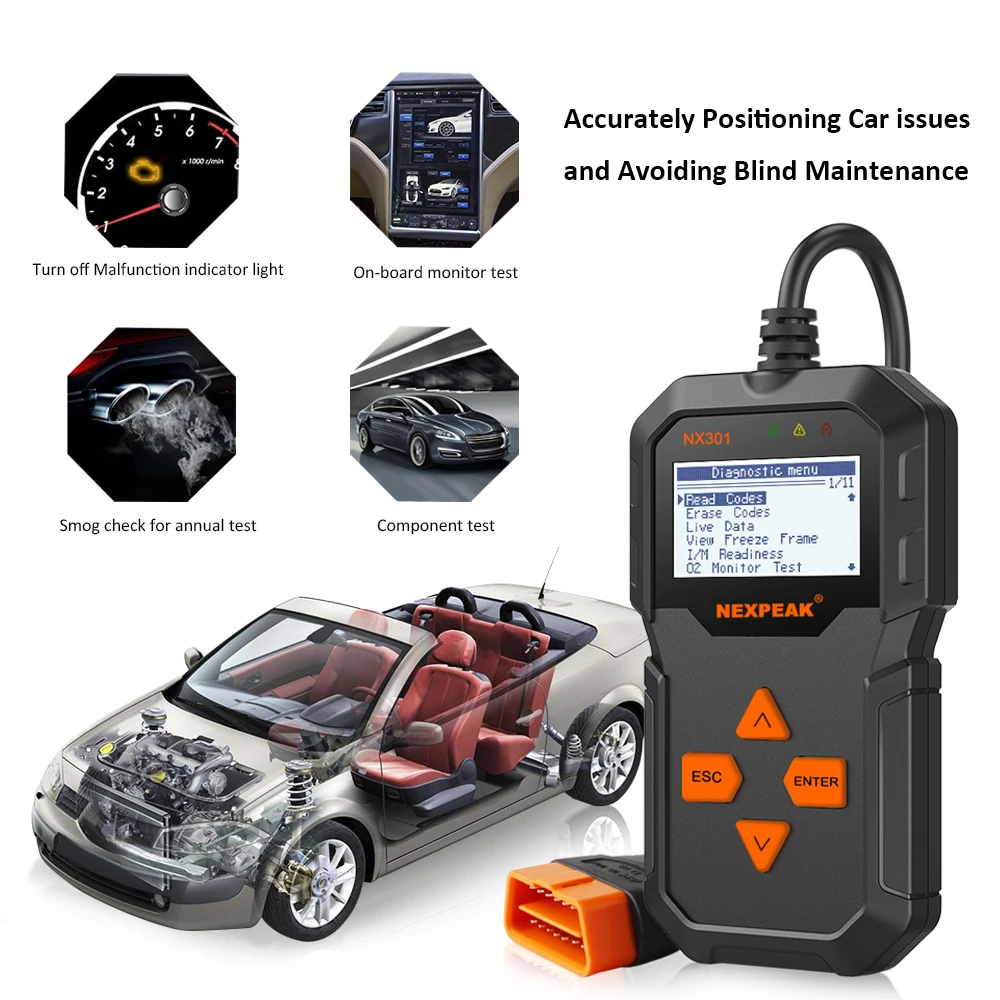 Автомобильный сканер NEXPEAK OBD2 NX301 полностью OBD 2 функция автоматический