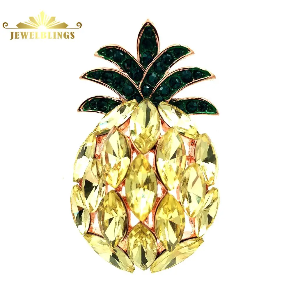 Stunning Yellow Crystal Pineapple Brooches Gold Tone Opens Marquise