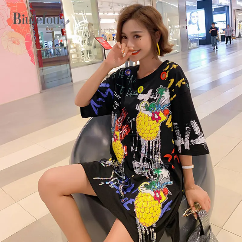 

2019 Summer pineapple sequins patch designs dresses fashion graffiti women dresses
