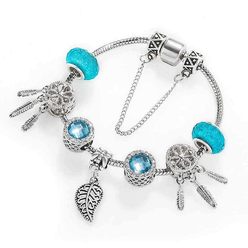 

Luxury Brand Women Bracelets Silver Plated Beaded Leaves Dreamcatcher Rainbow Crystal Fashion Elegant Charm DIY Bracelet&Bangle