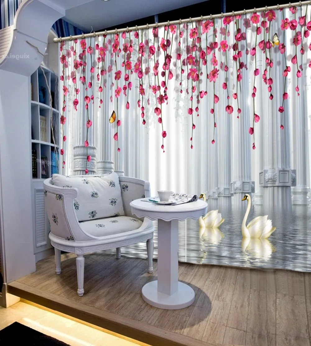 European Luxury 3D Curtains Roman White Swan For Living Room Bedroom Window Treatment Pink Flower Drapes | Дом и сад