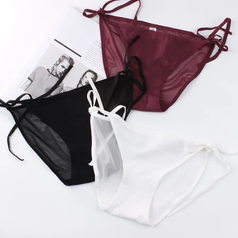 

DANENJOY New Bandage Lace Panties Sexy Low Waist Briefs Women Transparent Adjustable Sexy Panties Thongs Underwear 3 PCS Set