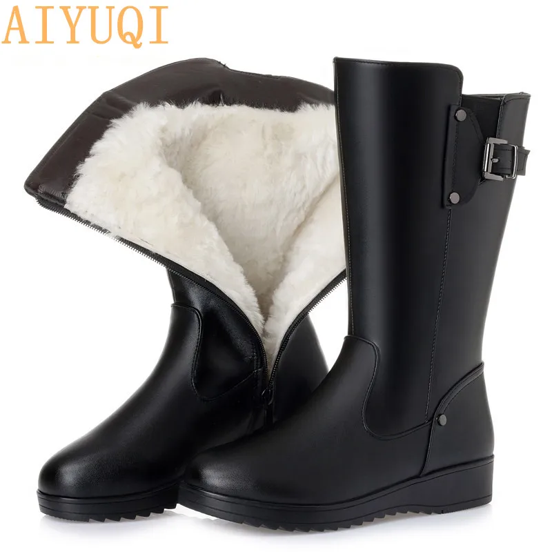 AIYUQI женские зимние ботинки г. Новые женские мотоциклетные ботинки из натуральной кожи большой размер 41, 42, 43 шерстяные пинетки женские нескользящие - Цвет: flat black wool