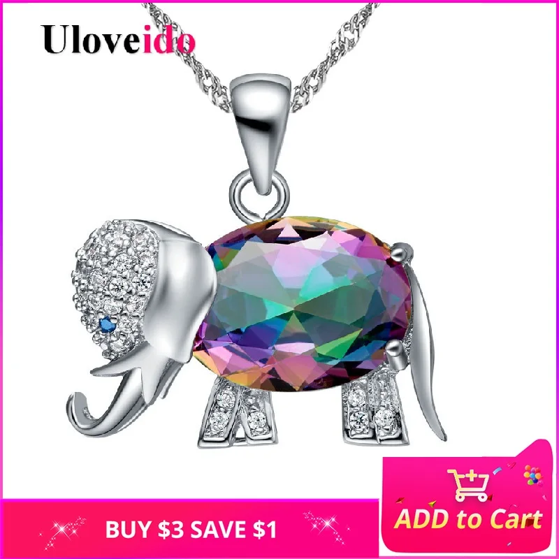 Uloveido Rainbow Elephant Pendant Necklace Chain Animal Necklaces &amp Pendants Silver Color Cute New Year Gifts For Girls N1154 | Украшения