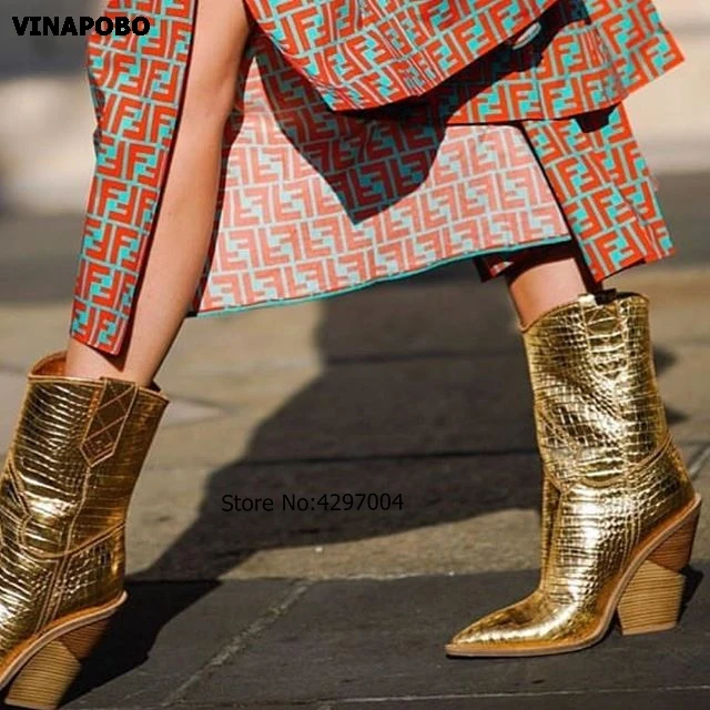 Spring New Cowboy Boots For Women Pointed Toe ankle Boots snake pattern Mid-calf Women Boots Chunky Wedges Boots Runway