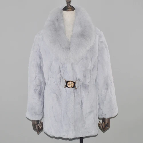 light gray Настоящий мех кролика пальто длинное Стильное женское натуральная куртка с мехом кролика рекс с большим лисьим меховым воротником мех кролика рекс пальто - Цвет: light gray