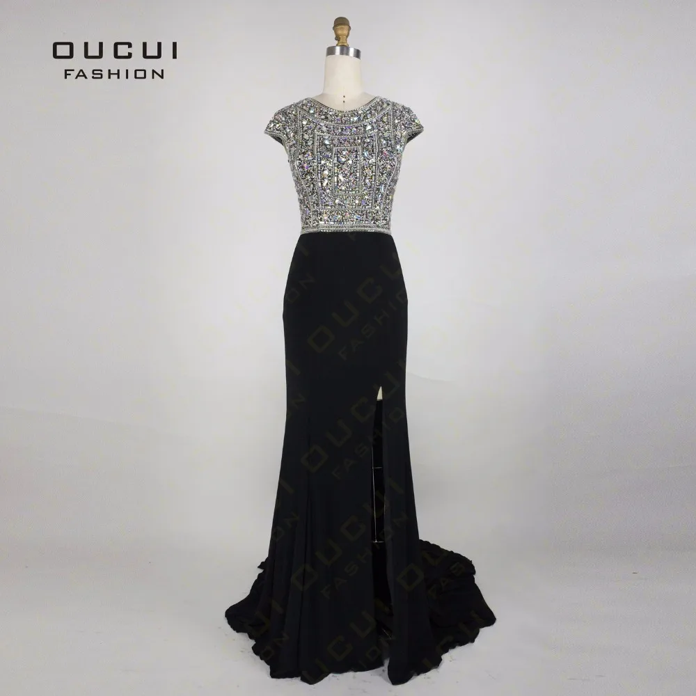 

Real Photos Black Elegant Prom Dresses Party Rhinestone Bodice A Line High Split Sexy Long Evening Gowns Court Train OL102789