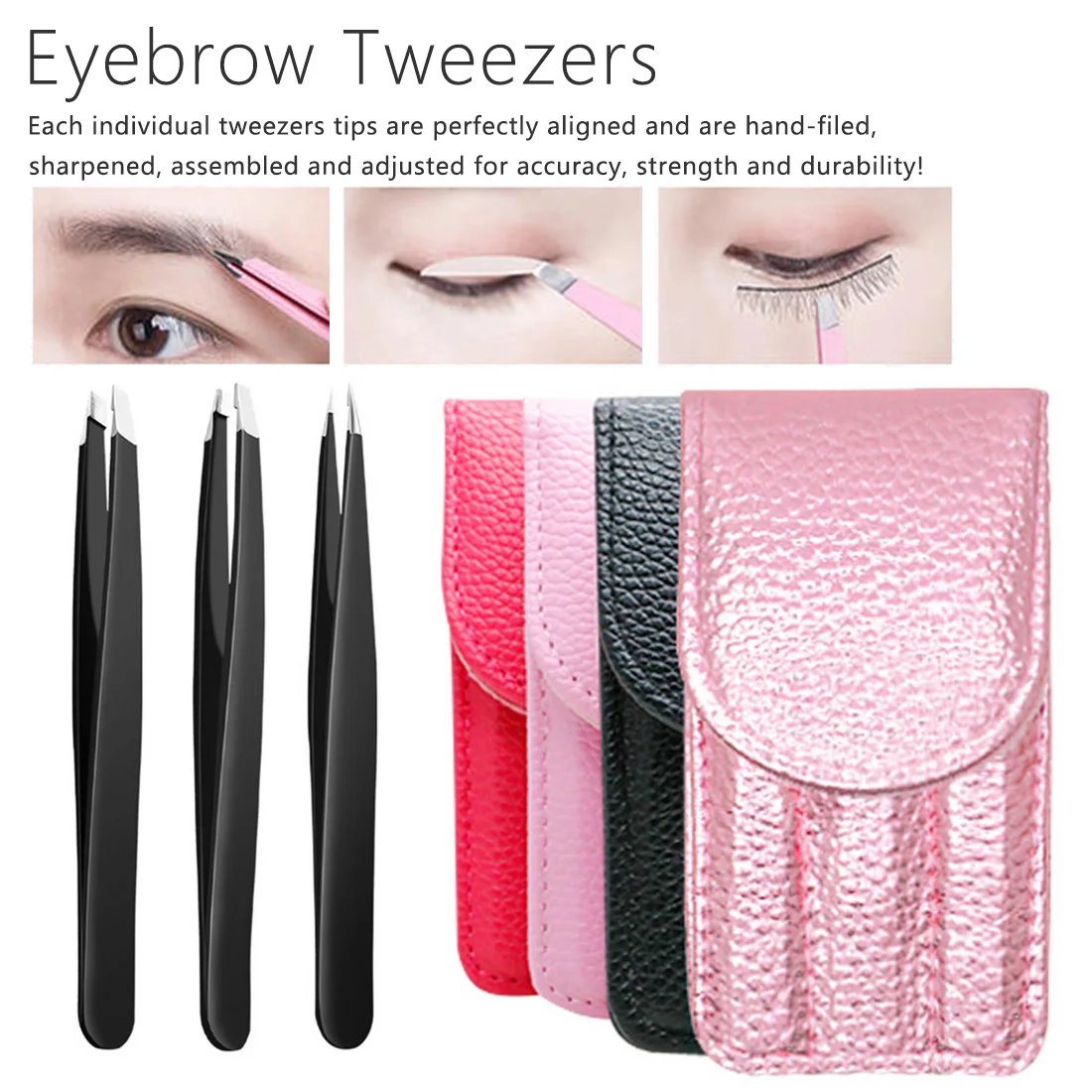 

3Pcs /Set Eyebrow Tweezers Stainless Steel Point Tip Slant Tip Flat Tip Hair Removal Makeup Tool Kit With Bag Case