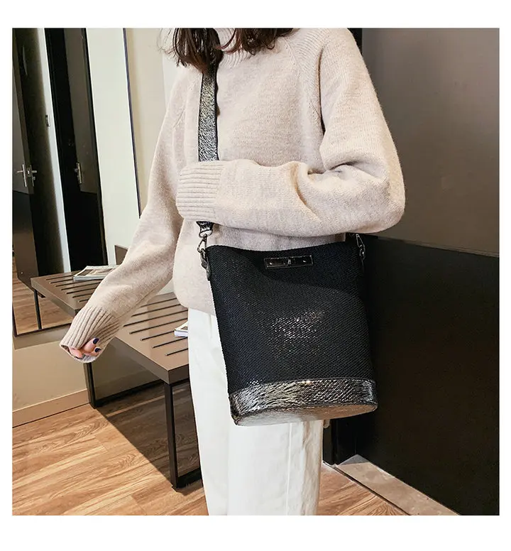 Fashion Luxurious female Korean Sequin Bling Black Bag shoulder Bucket bag Designer Ladies Crossbody Messenger Bags B42-29