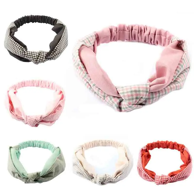 

New Korean version of the small fresh fabric plaid knotted hair band Women's face with hair headband sports headband