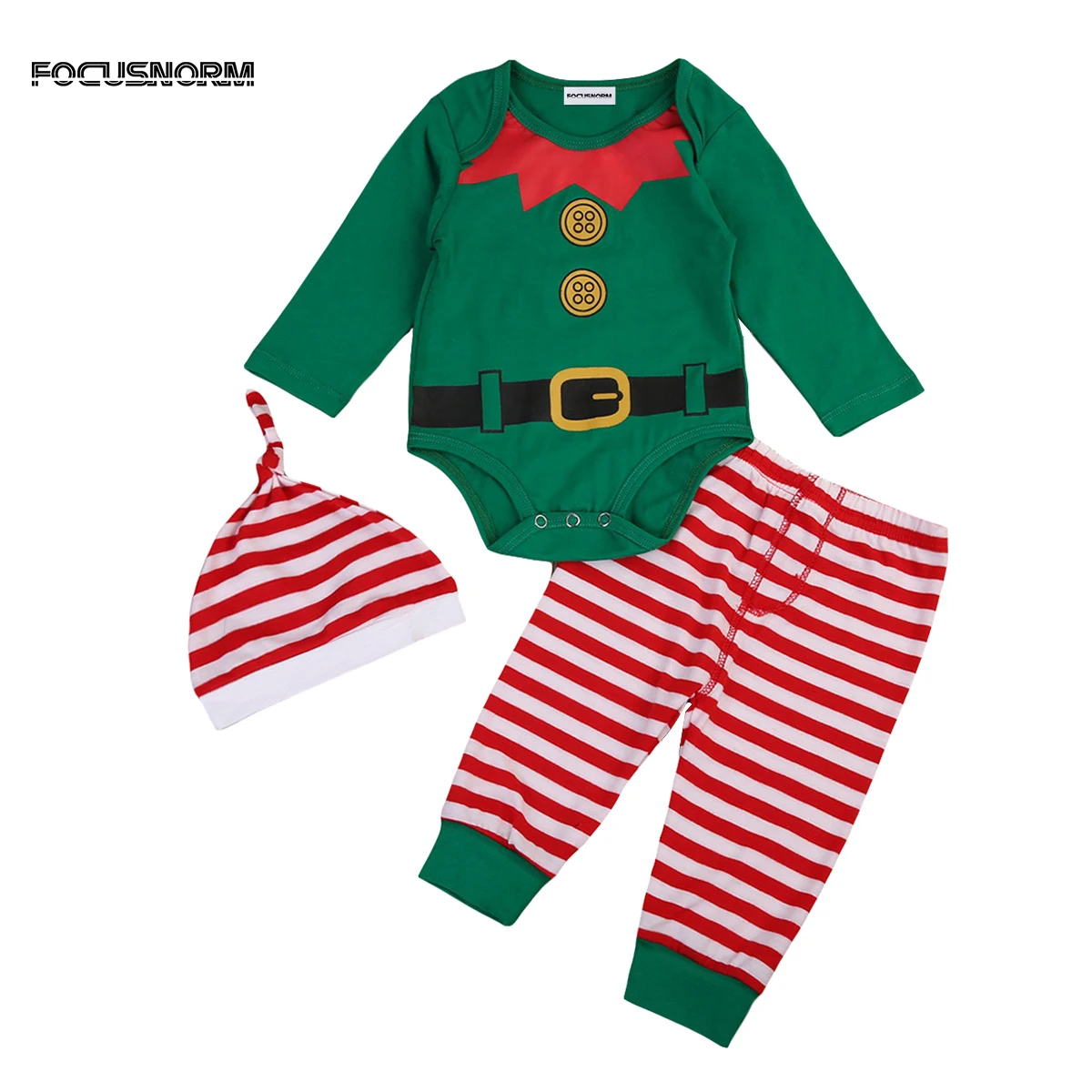 Newborn Infant Baby Boys Printed Long Sleeves Romper+Striped Long Pants+Hat Christmas Santa