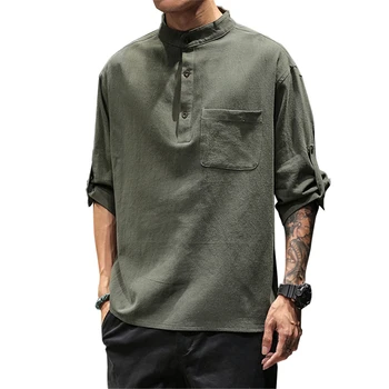 

Helisopus New Fashion Spring Summer Men's Shirts Casual Loose Solid Color Stand Collar Three-quarter Sleeve Shirt M-5XL