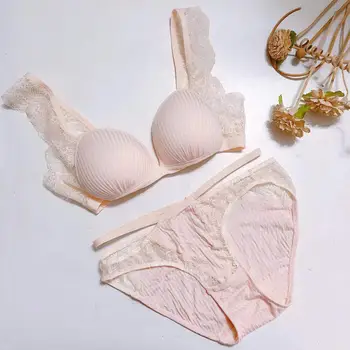 

Fashion Women Underwear Sexy Stripes Bra Set Cotton Wire-Free Push Up Bra Set Pink Girl Lace Japan Brand Lingerie Panties Set