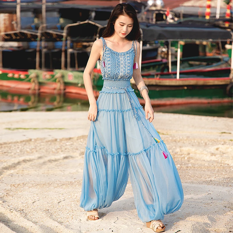 

Free Shipping Boshow 2019 New Fashion Long Chiffon Jumpsuits For Women High Quality Sleeveless Summer Jumpsuits Bloom Pants S-L