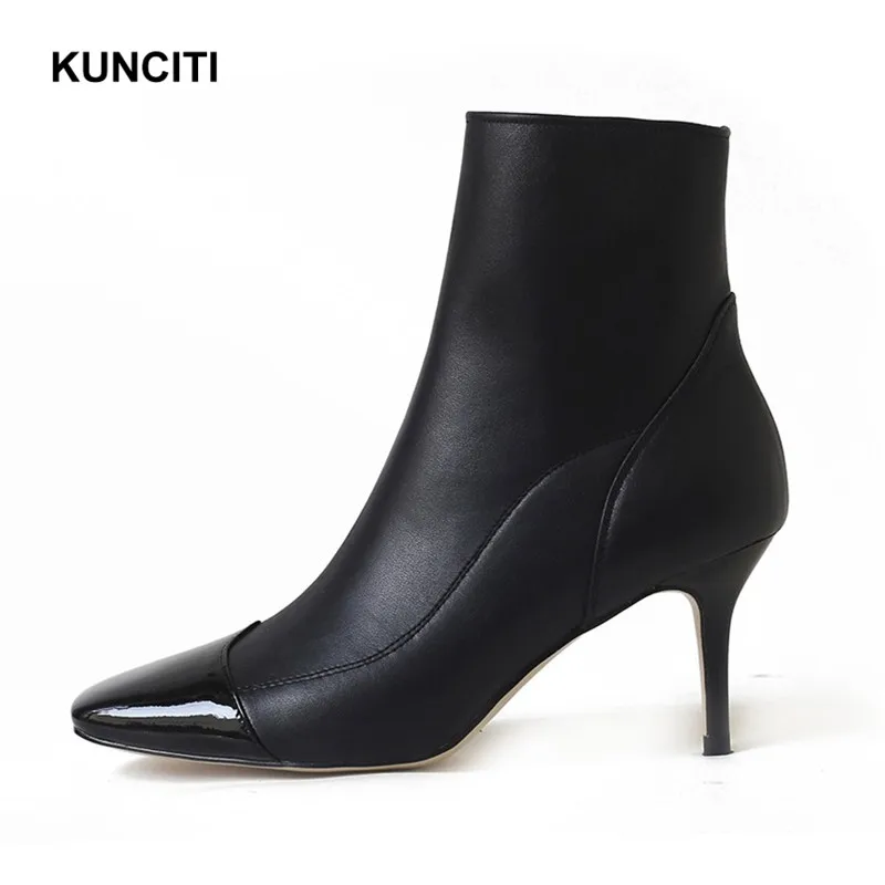 KUNCITI/; новейшие ботильоны на высоком каблуке; женская модная обувь в европейском стиле; женские ботинки «Челси» с квадратным носком в стиле пэчворк; D952