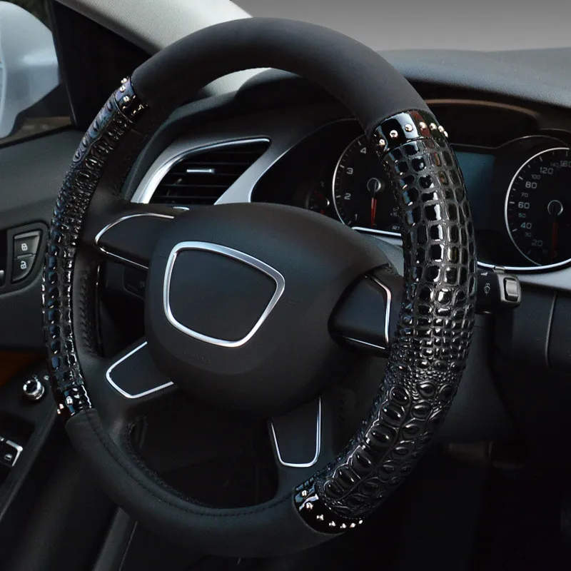 

Crocodile Pattern Leather Car Steering Wheel Cover Case 38cm Unviersal Steering Cover for Audi BMW Hyundai Ford Volkswagan