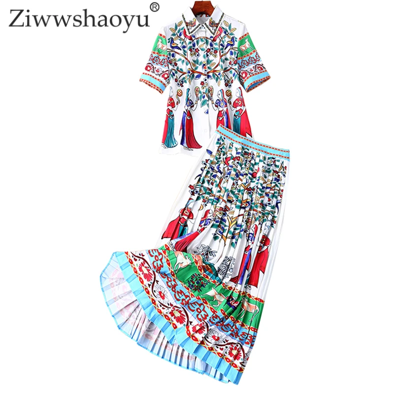 

Ziwwshaoyu Beading diamond Turn-down Collar Top + empire Draped skirt Set elegant Print Sets Spring and summer new women's