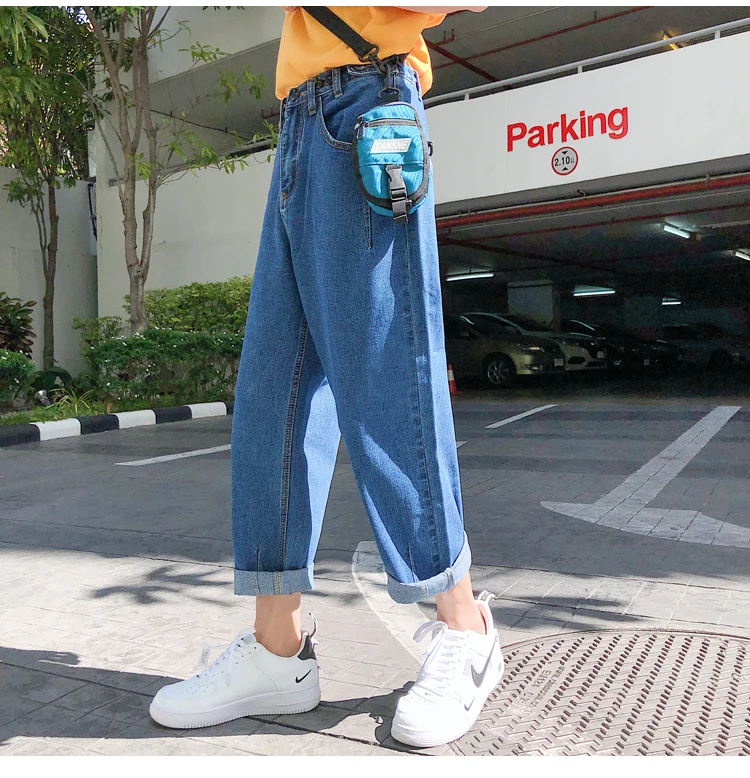 2019 Весна и лето Новая Популярная Корейская версия пары повседневные мужские прямые свободные джинсы сплошной цвет хип хоп Уличная