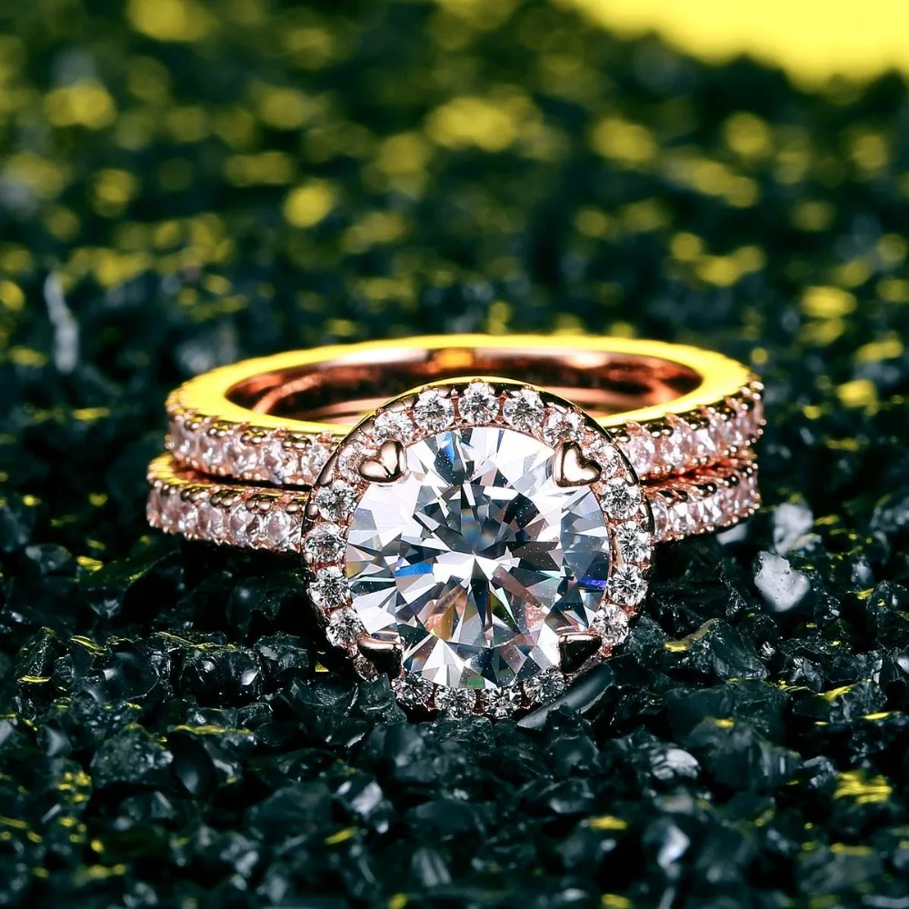 ZHE FAN 3 карат, круглая огранка AAA кубического циркония кольцо из розового золота цвет шампанского родиевая пластина белый микро Pave CZ женское кольцо Размер 5-10
