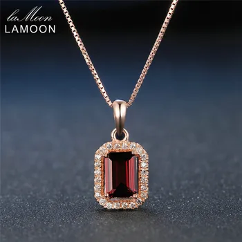 

LAMOON 925 Sterling-silver-jewelry 1.1ct Natural Rectangular Red Garnet Pendant Necklace Women Rose Gold Plated Colar NI053