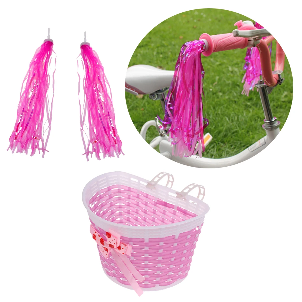 Girls Bike Front Basket Shopping Holder Case + Bike Scooter Streamers Pink Bicycle Accessories