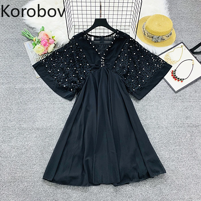 

Korobov Korean Pearls High Waist V Neck Batwing Sleeve Dress Vintage Solid Hollow Out Vestidos Dresses Chiffon Robe Femme 78503