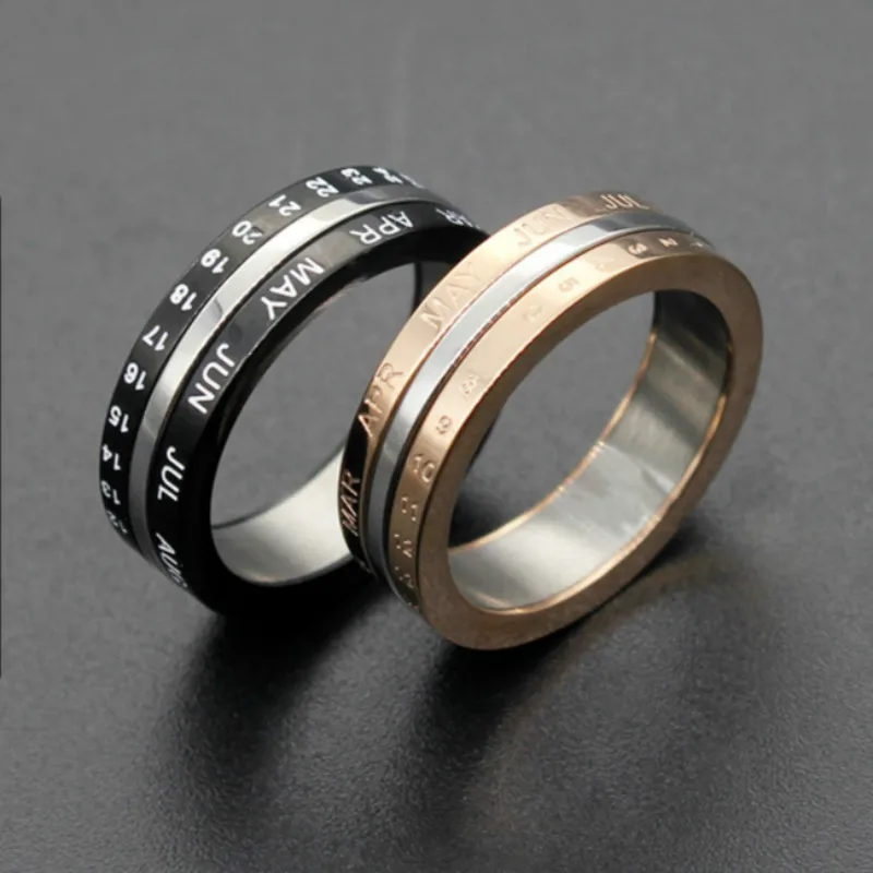 Digital Date Ring Stainless Steel Couple Rings Black Rose Gold Color Lovers Ring Rotatable