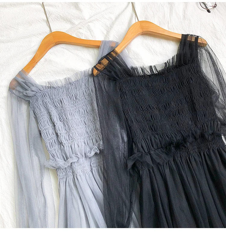 Два предмета весеннее женское длинное платье на тонких бретелях милое кружевное платье с оборками женское Сетчатое платье с длинным рукавом Vestidos AB1397