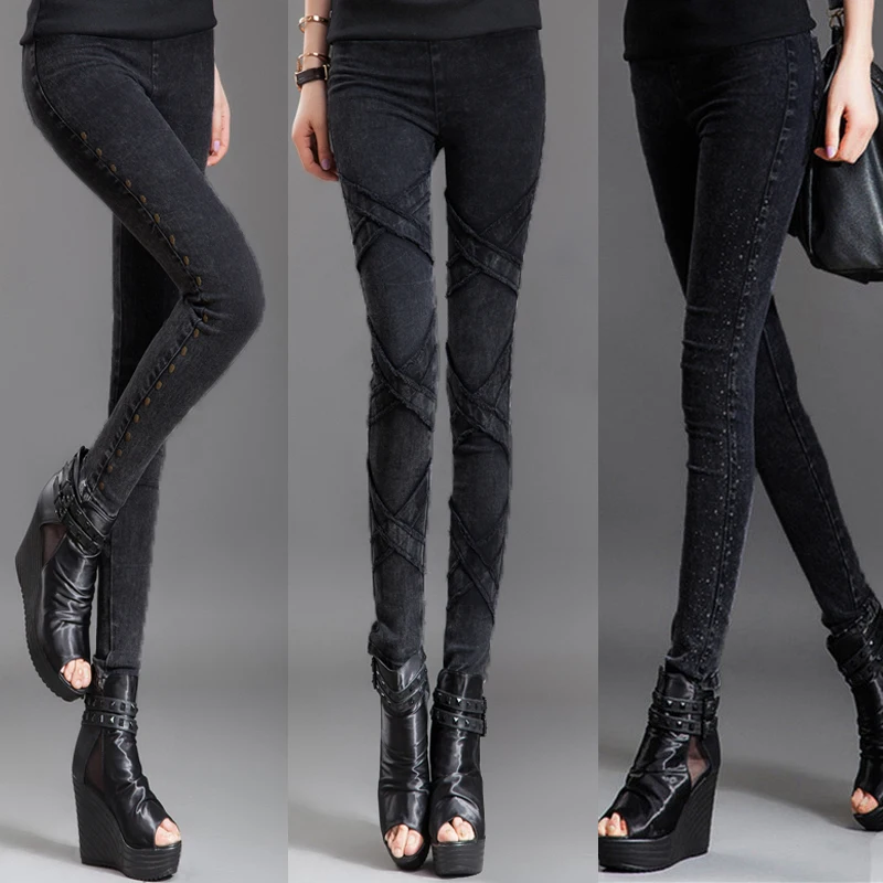 

women jeans 2017 pencil pants fashion crystal pants skinny black ripped jeans pants plus size trousers elastic waist female