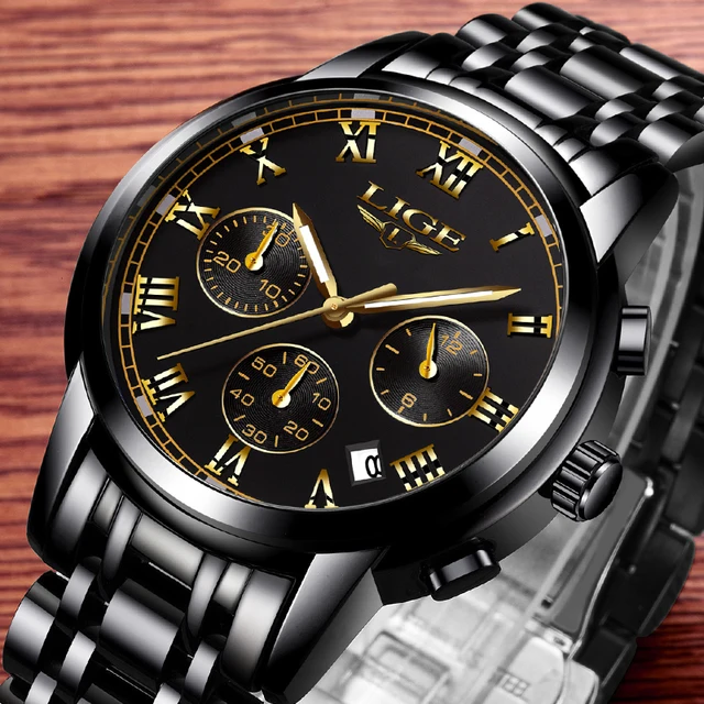 LIGE Black Gold Watch Men Luxury Brand Fashion Business Quartz Watches ...