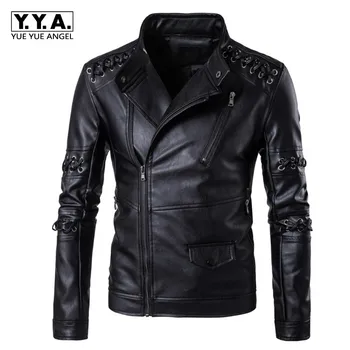 

Harajuku Personality Lace Up Pu Leather Jacket Men Punk Show Stage Clothes Stand Collar Jaqueta Motoqueiro Windbreaker Male Coat